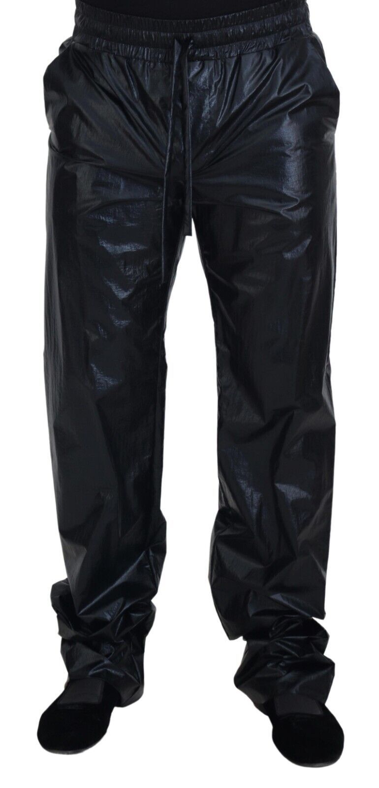 Schwarze, glänzende Nylonhose mit Kordelzug