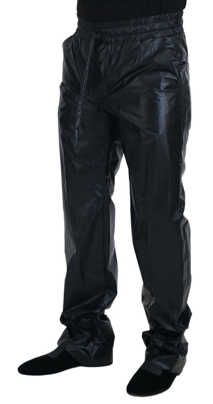 Schwarze, glänzende Nylonhose mit Kordelzug