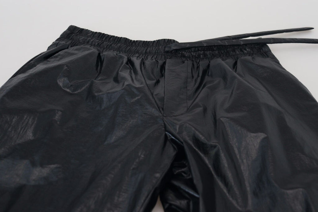 Schwarze, glänzende Nylonhose mit Kordelzug