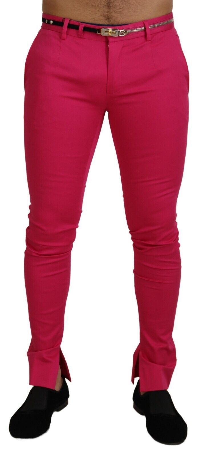 Rosa Hose mit Reißverschluss, Schnalle und hohem Bund