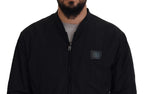 Black Nylon Logo Bomber Zipper Jacket