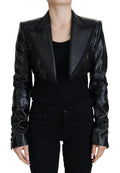 Schwarze Cropped-Blazerjacke aus Baumwolle mit langen Ärmeln