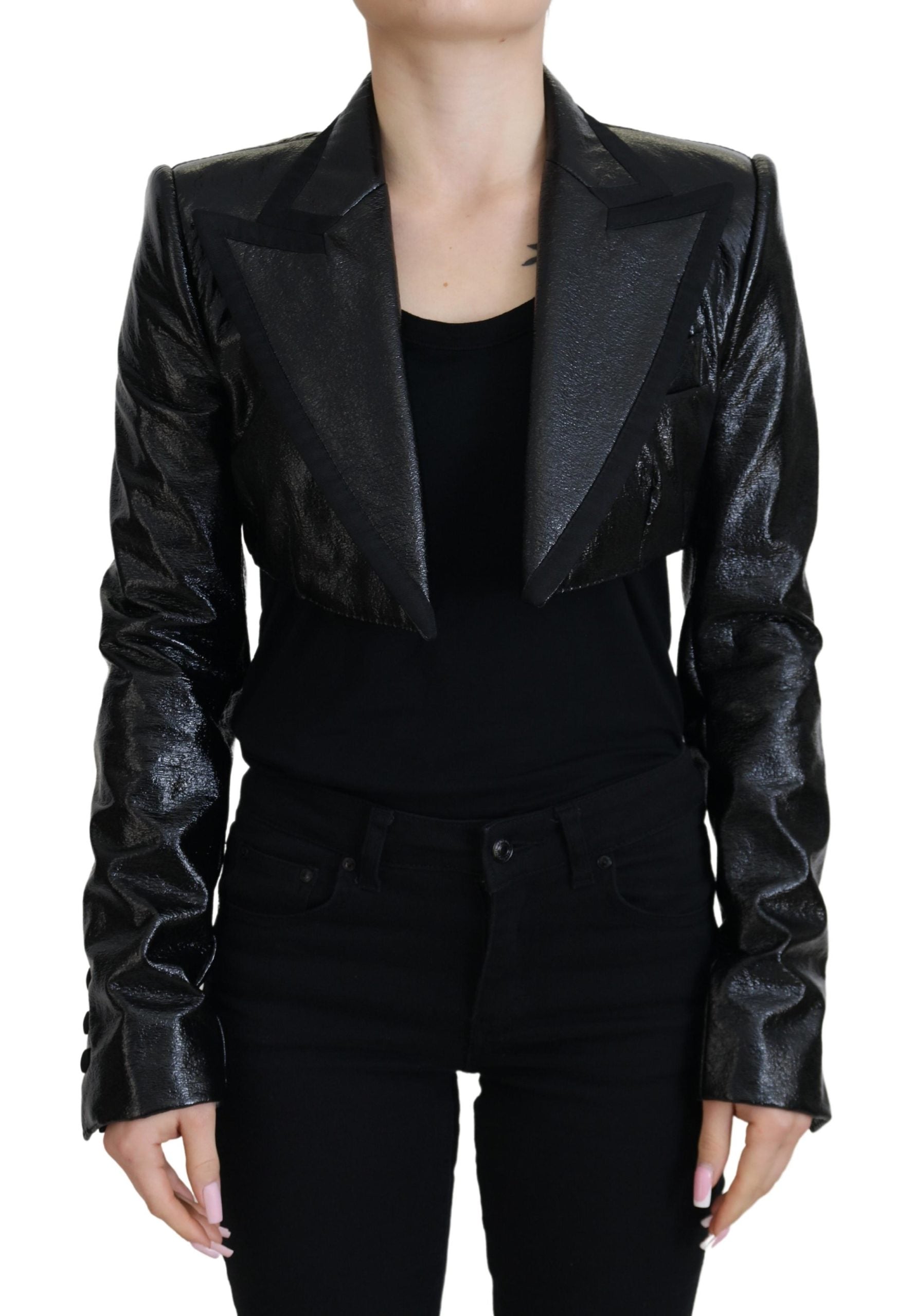 Schwarze Cropped-Blazerjacke aus Baumwolle mit langen Ärmeln