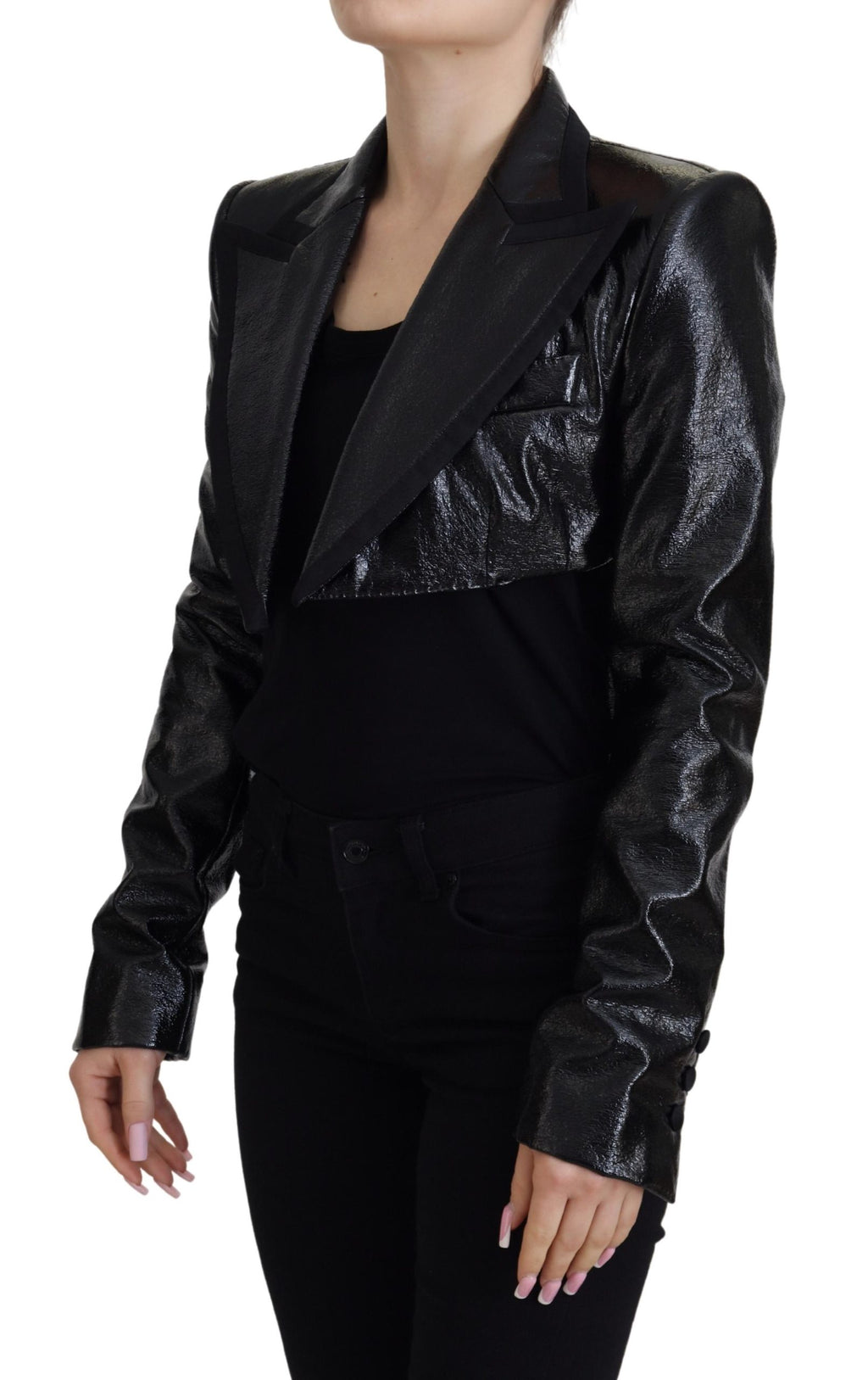 Schwarze Cropped-Blazerjacke aus Baumwolle mit langen Ärmeln