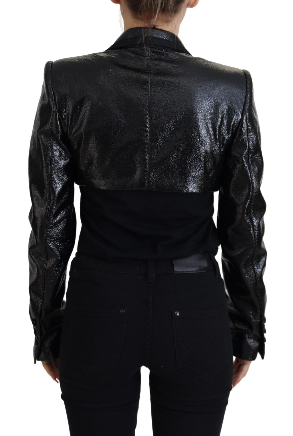Schwarze Cropped-Blazerjacke aus Baumwolle mit langen Ärmeln