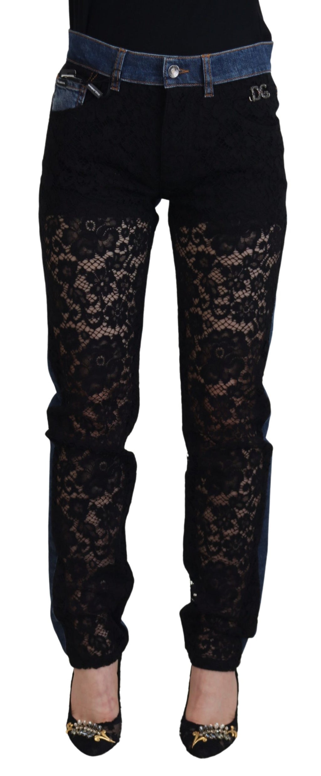 Schwarze Skinny-Jeans mit floraler Spitze vorne