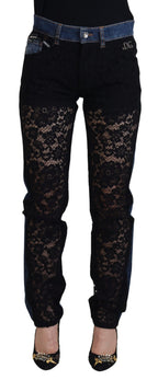 Schwarze Skinny-Jeans mit floraler Spitze vorne