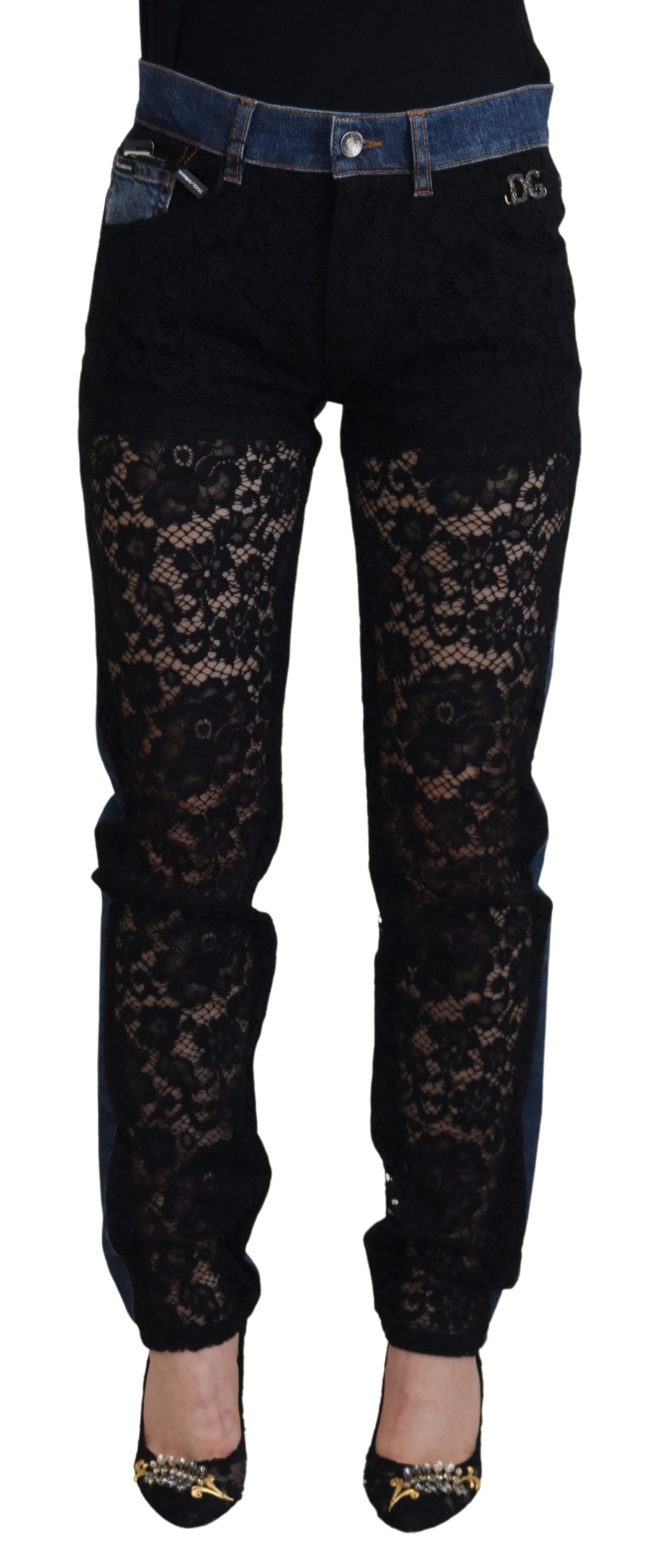 Schwarze Skinny-Jeans mit floraler Spitze vorne