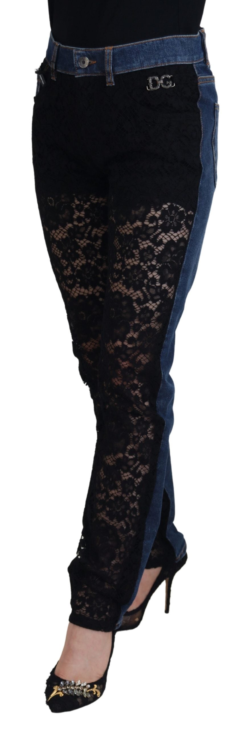 Schwarze Skinny-Jeans mit floraler Spitze vorne
