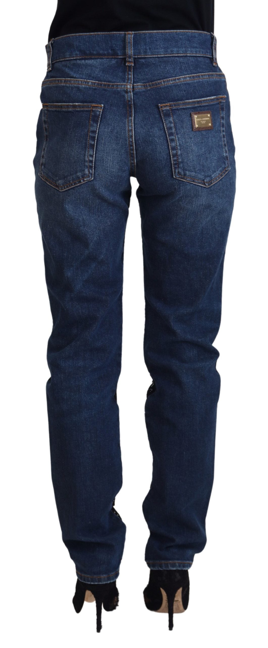 Schwarze Skinny-Jeans mit floraler Spitze vorne