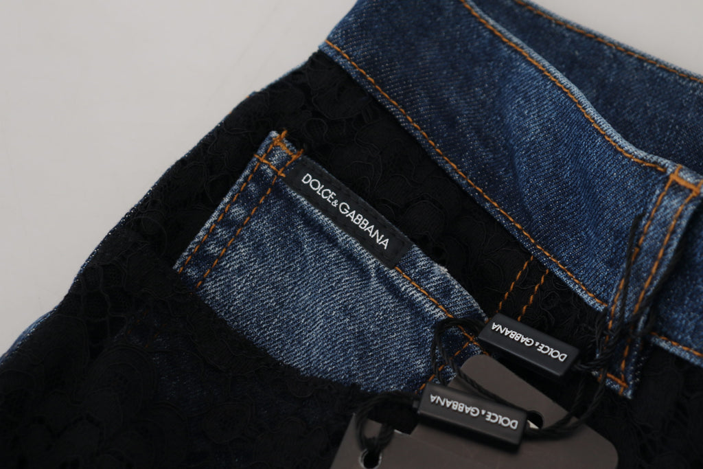 Schwarze Skinny-Jeans mit floraler Spitze vorne