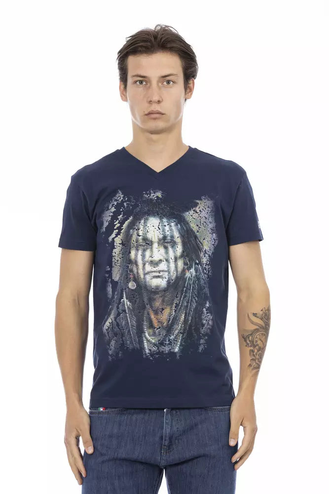 Blue Cotton Men's V-Neck T-Shirt
