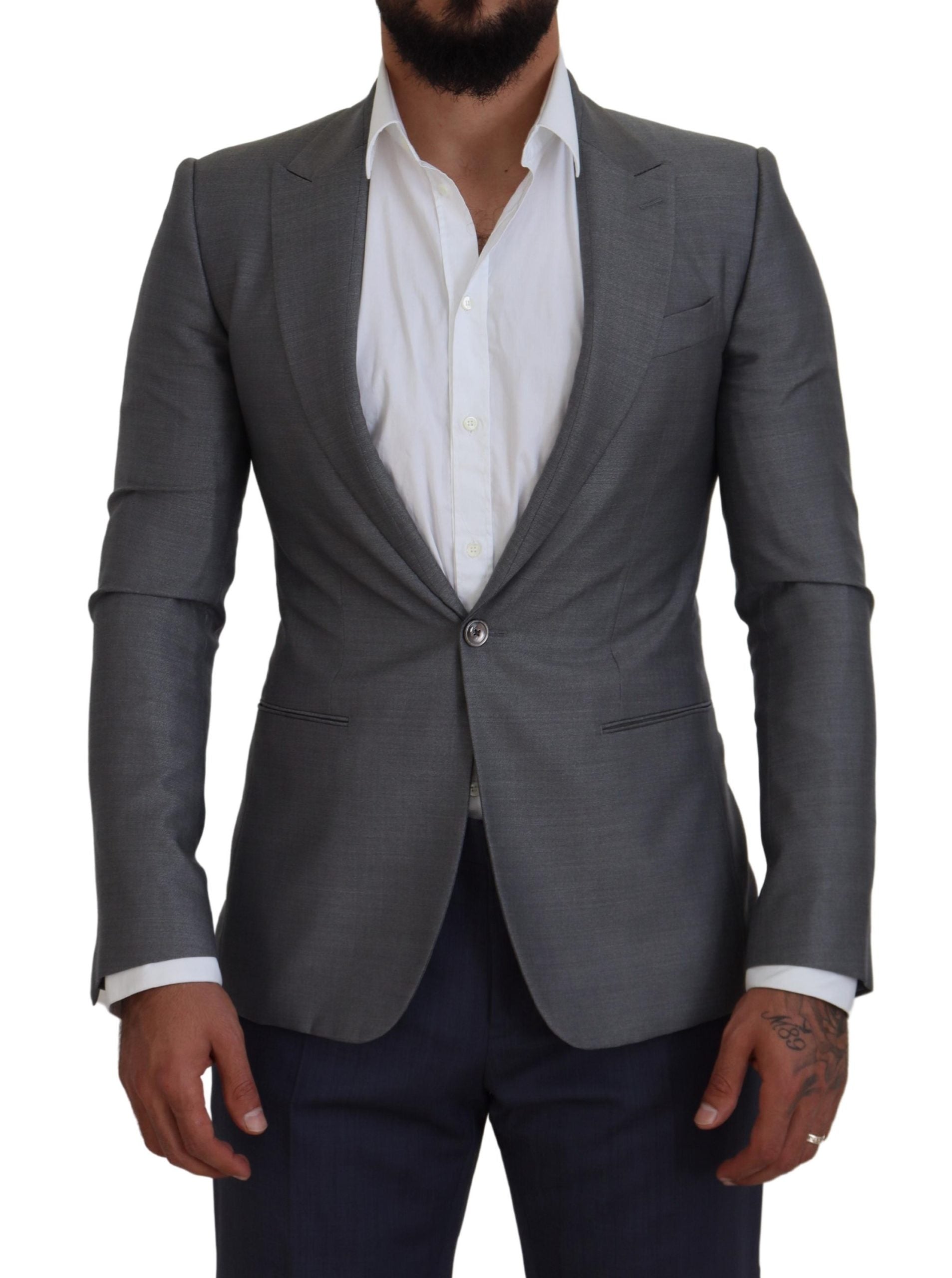 Graue Schurwolle-Seide Slim Fit Jacke Blazer