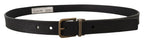 Black Leather Brass Metal Grain Buckle Classic Belt