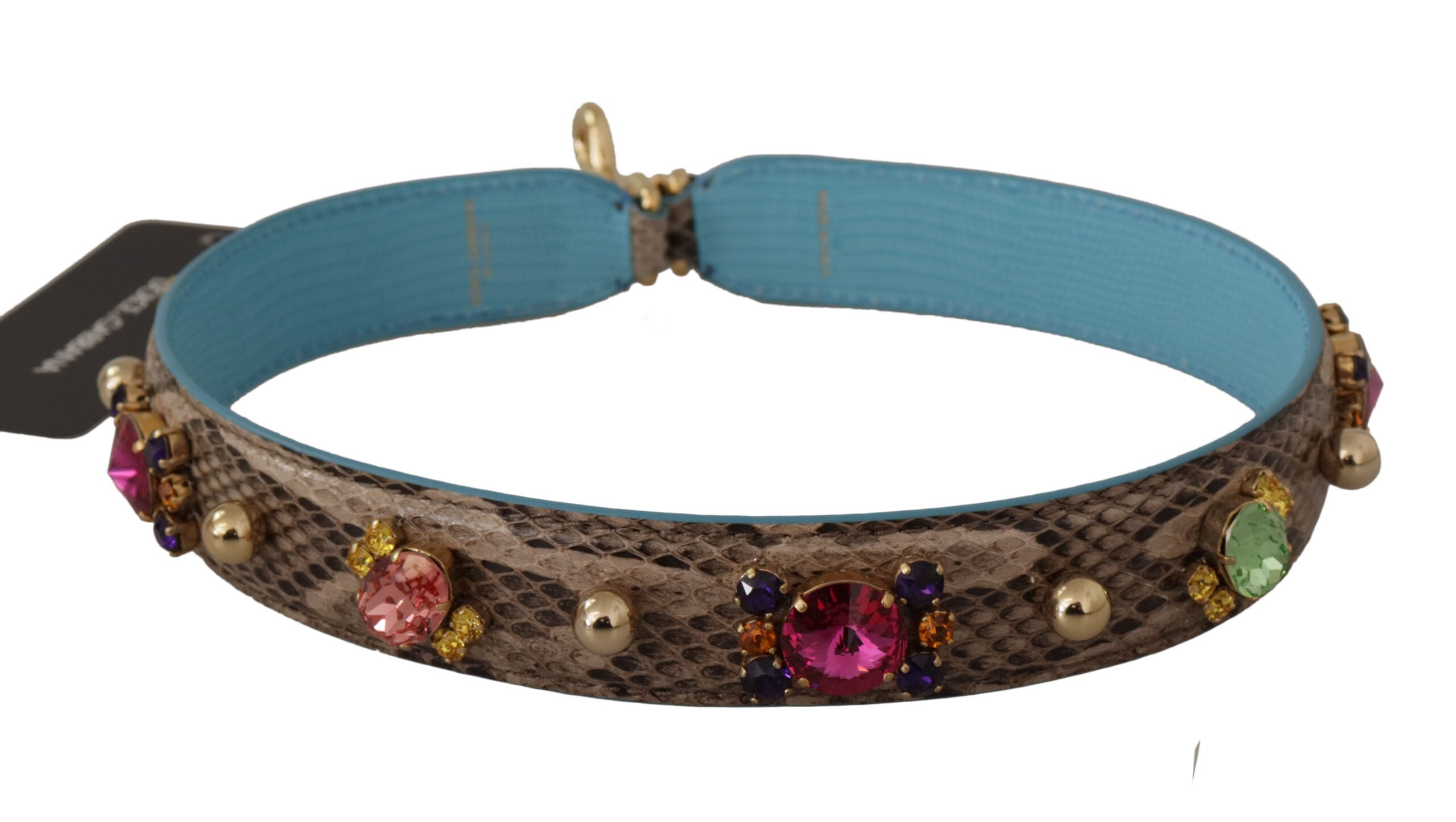 Schultergurt aus braunem Exotikleder mit Kristallen