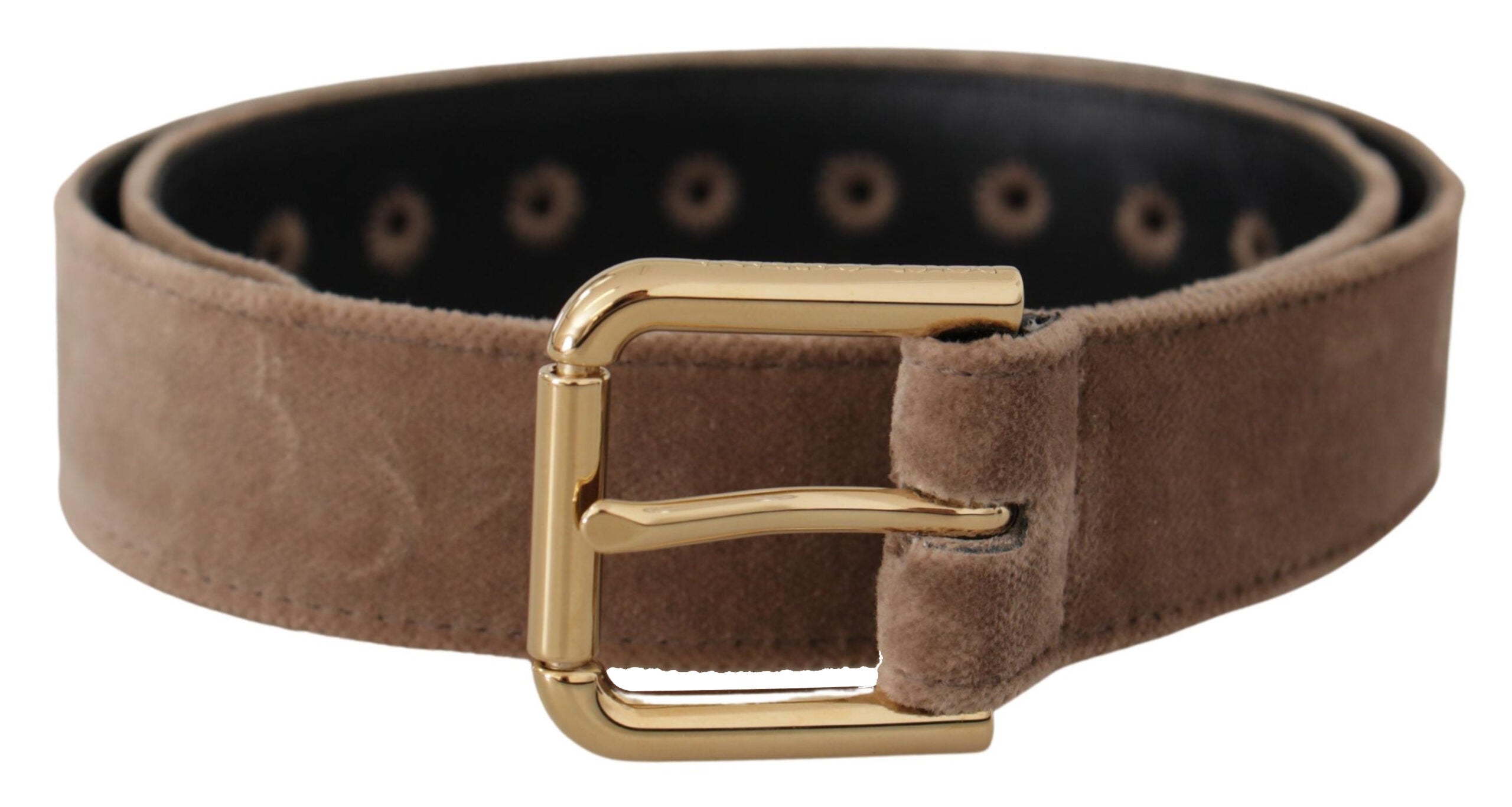 Hellbrauner Samt-Gürtel mit goldfarbener Logo-Metallschnalle