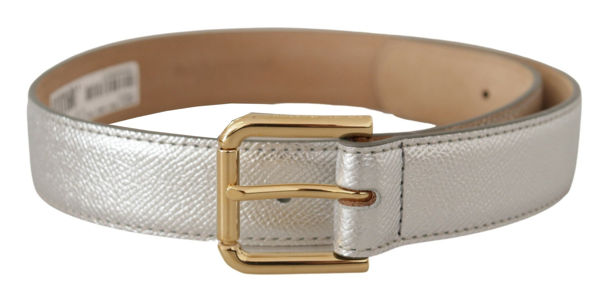 Silberner Ledergürtel mit goldfarbener Logo-Metallschnalle