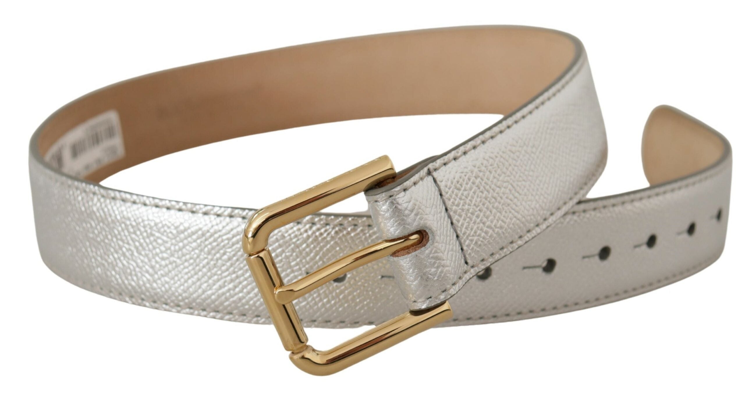 Silberner Ledergürtel mit goldfarbener Logo-Metallschnalle