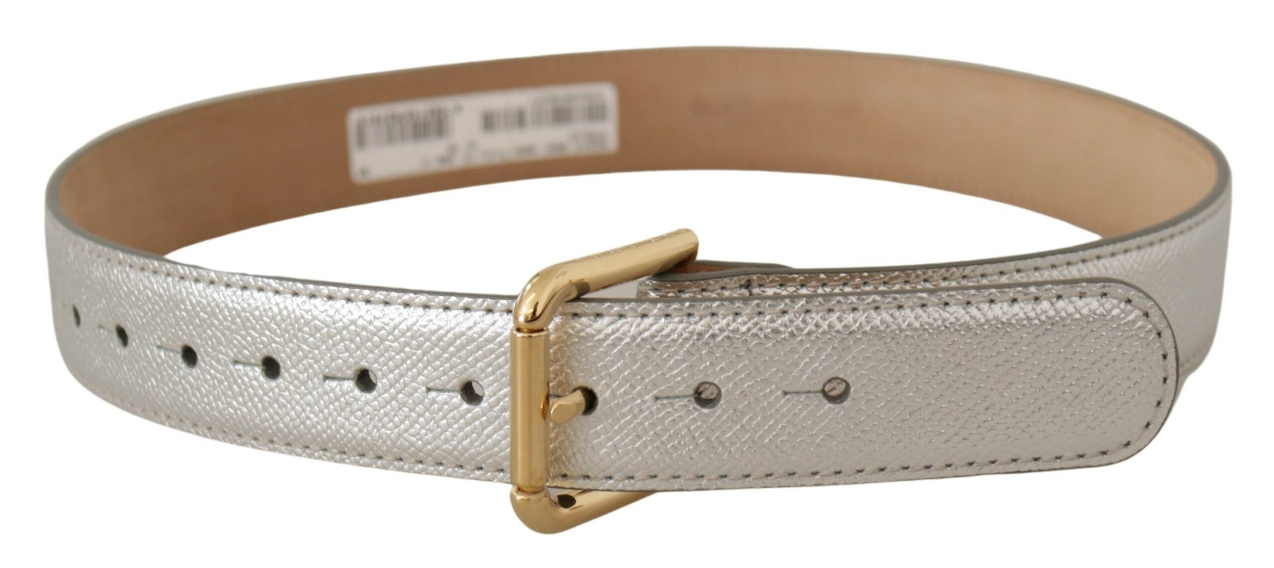 Silberner Ledergürtel mit goldfarbener Logo-Metallschnalle
