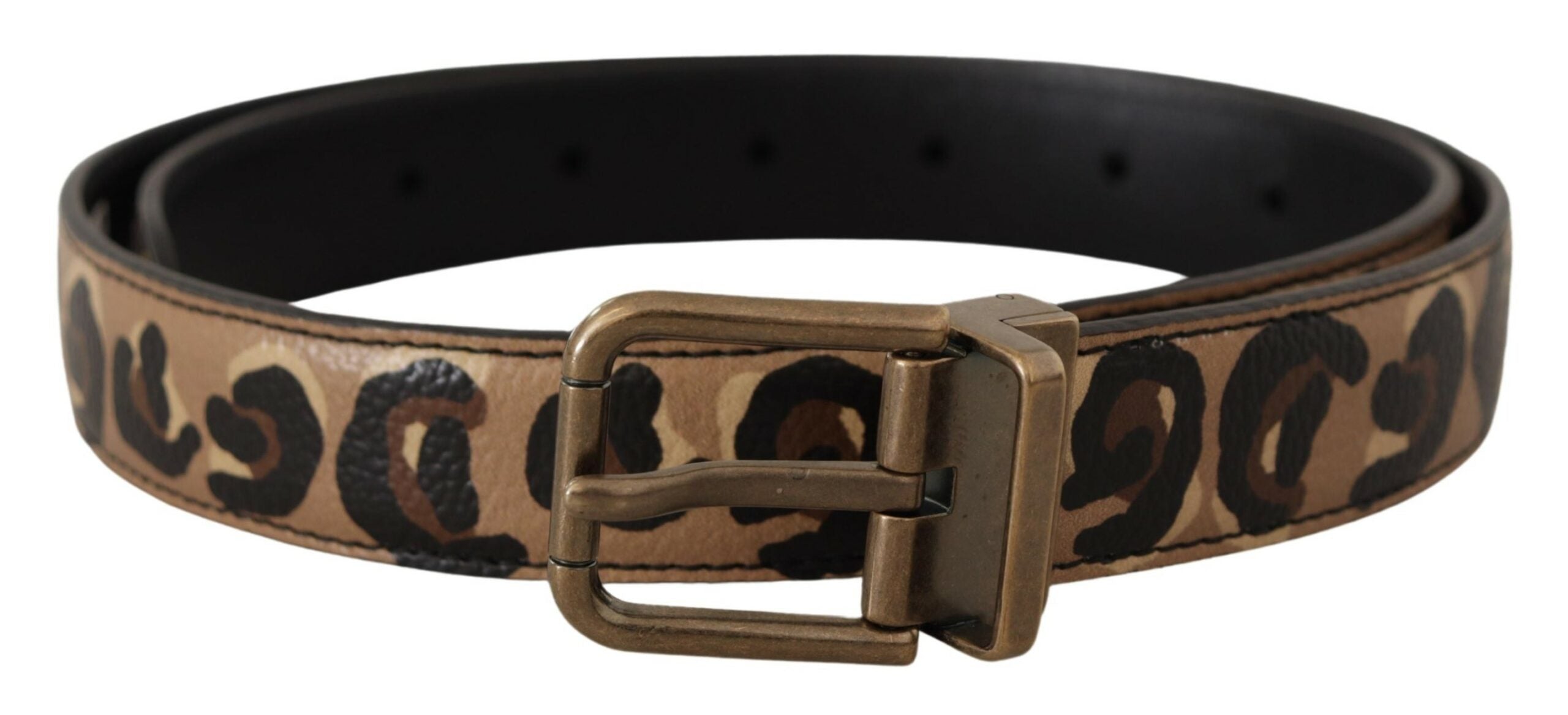 Brauner Ledergürtel mit Leopardenmuster und bronzener Metallschnalle