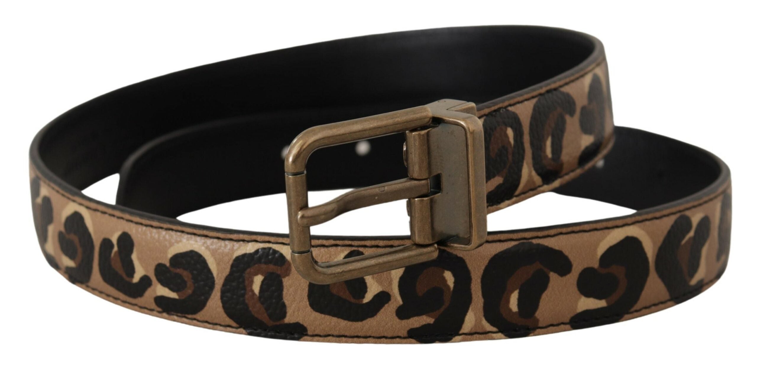 Brauner Ledergürtel mit Leopardenmuster und bronzener Metallschnalle