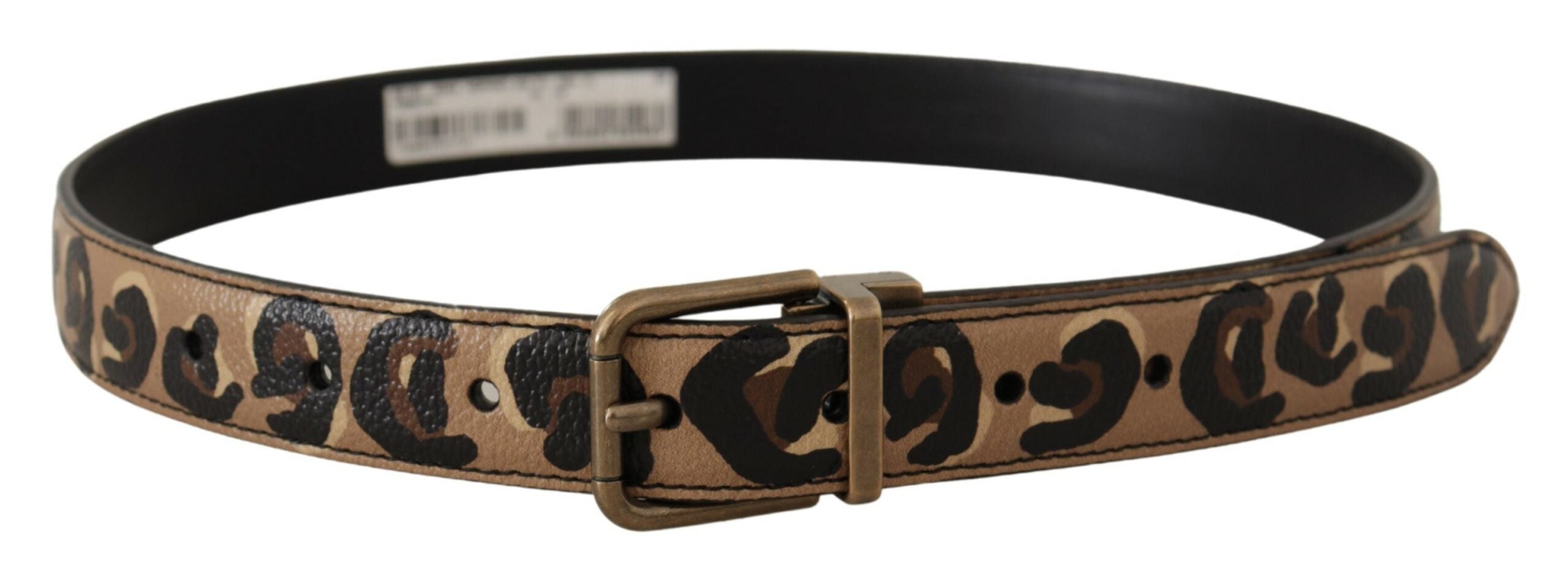 Brauner Ledergürtel mit Leopardenmuster und bronzener Metallschnalle