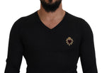 Pullover aus grauer Kaschmirmischung mit V-Ausschnitt und Herzapplikation in Gold