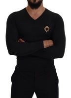 Pullover aus grauer Kaschmirmischung mit V-Ausschnitt und Herzapplikation in Gold