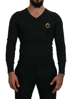 Pullover aus grauer Kaschmirmischung mit V-Ausschnitt und Herzapplikation in Gold