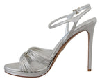 Silberne Leder-Sandalen Knöchelriemen Stiletto-Absatz