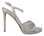 Silberne Leder-Sandalen Knöchelriemen Stiletto-Absatz