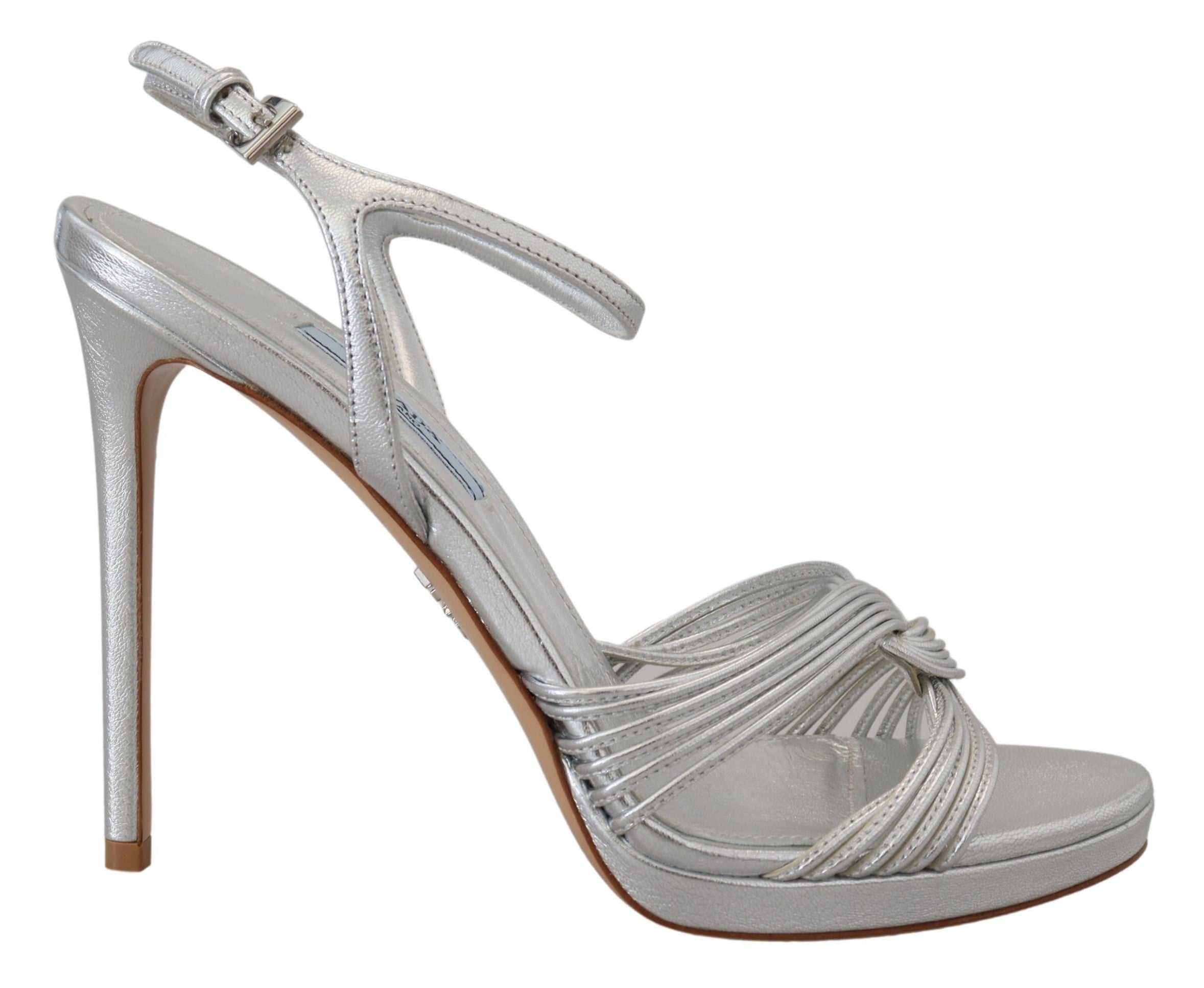 Silberne Leder-Sandalen Knöchelriemen Stiletto-Absatz
