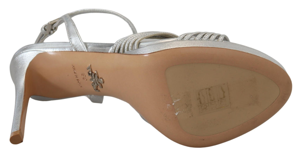 Silberne Leder-Sandalen Knöchelriemen Stiletto-Absatz