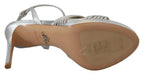 Silberne Leder-Sandalen Knöchelriemen Stiletto-Absatz