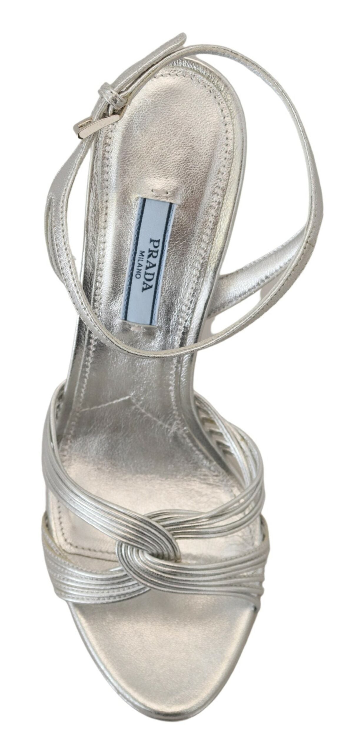 Silberne Leder-Sandalen Knöchelriemen Stiletto-Absatz