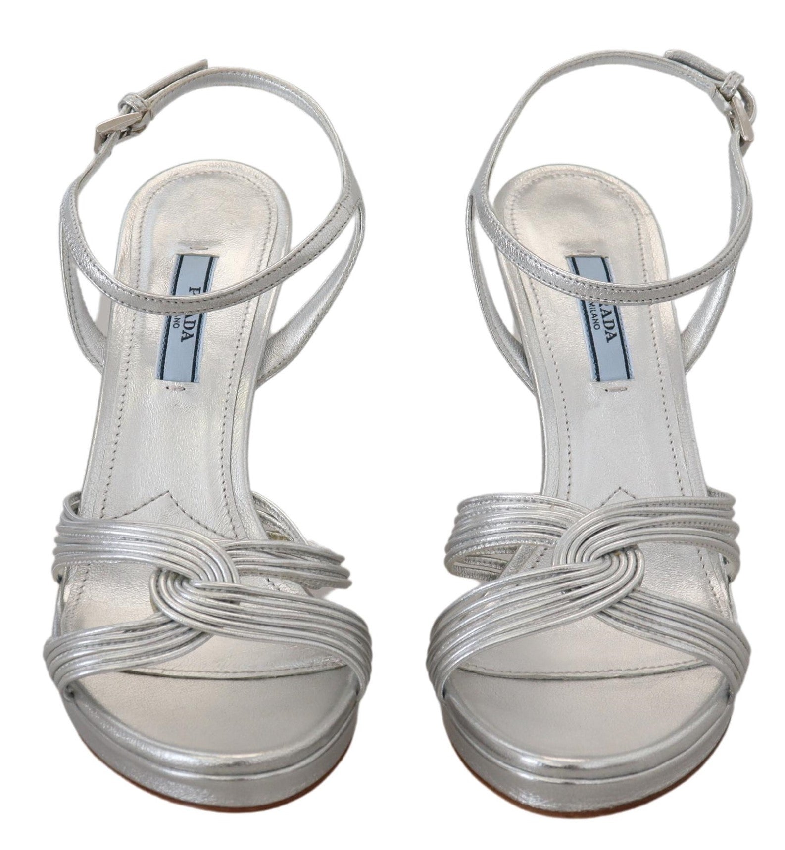 Silberne Leder-Sandalen Knöchelriemen Stiletto-Absatz