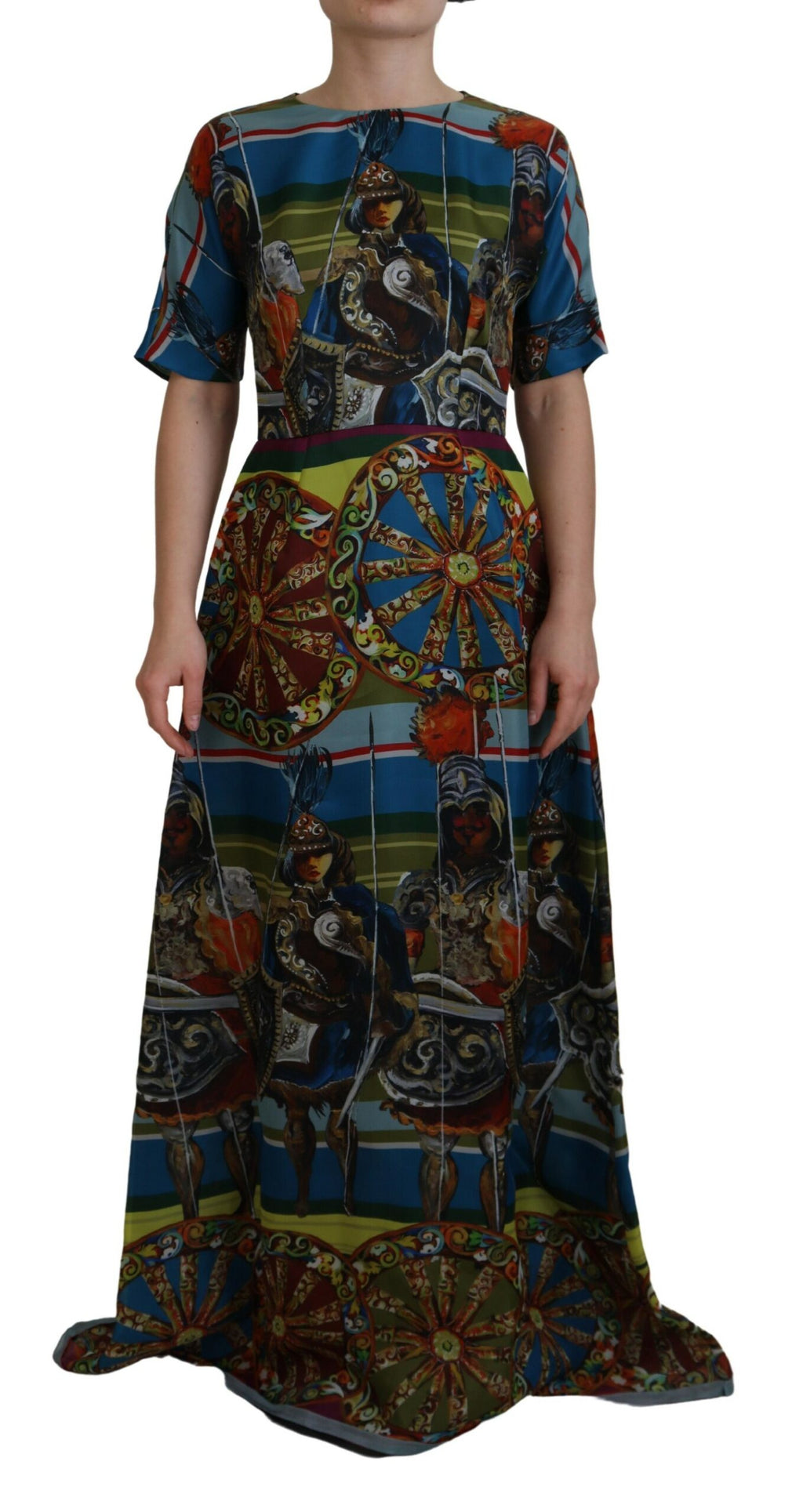 Mehrfarbiges langes A-Linien-Kleid aus Seide mit Sizilien-Motiv