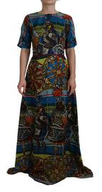 Mehrfarbiges langes A-Linien-Kleid aus Seide mit Sizilien-Motiv