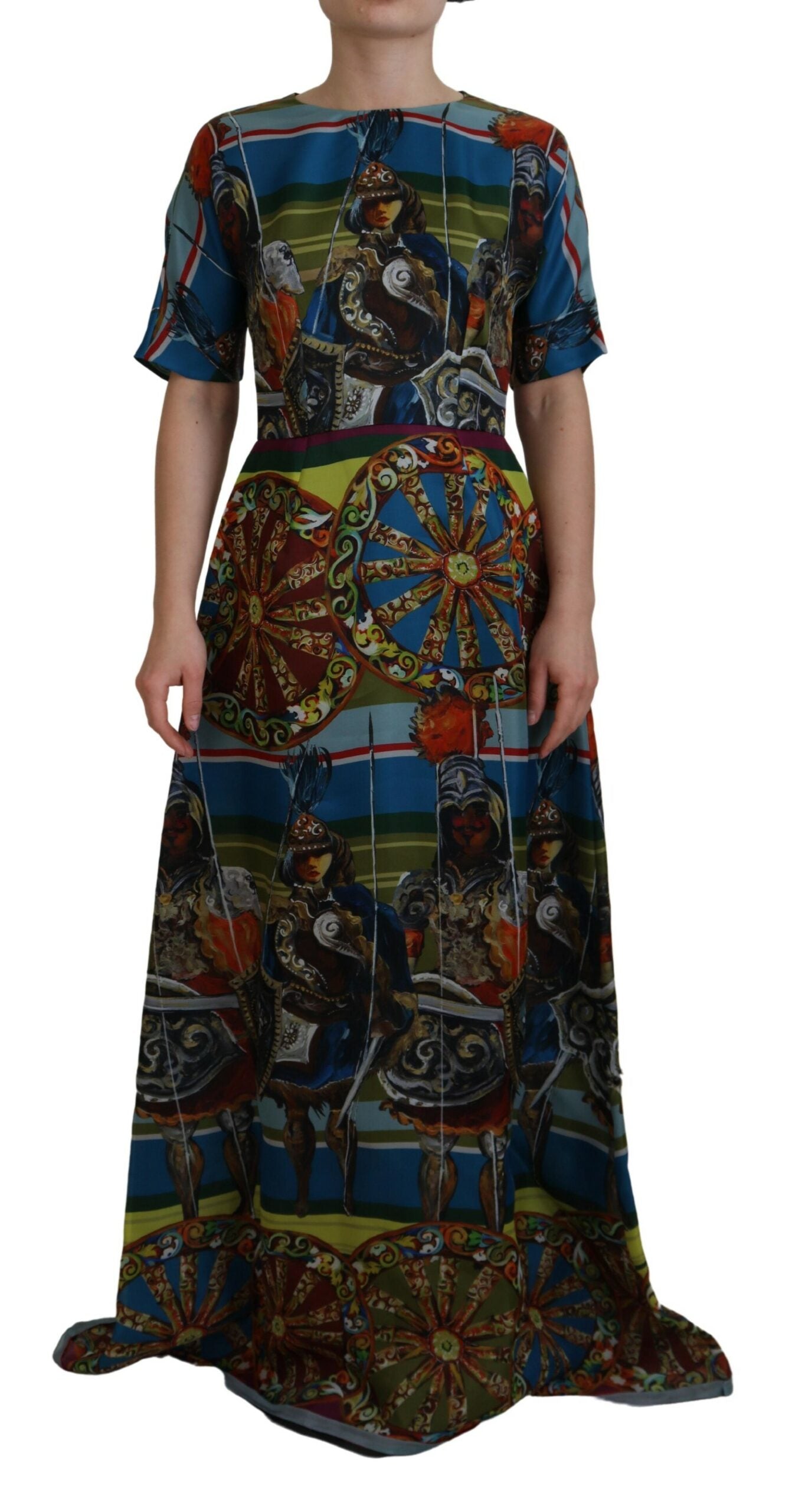 Mehrfarbiges langes A-Linien-Kleid aus Seide mit Sizilien-Motiv