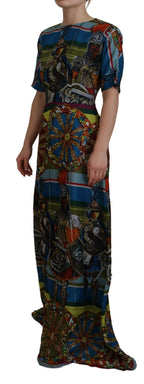 Mehrfarbiges langes A-Linien-Kleid aus Seide mit Sizilien-Motiv