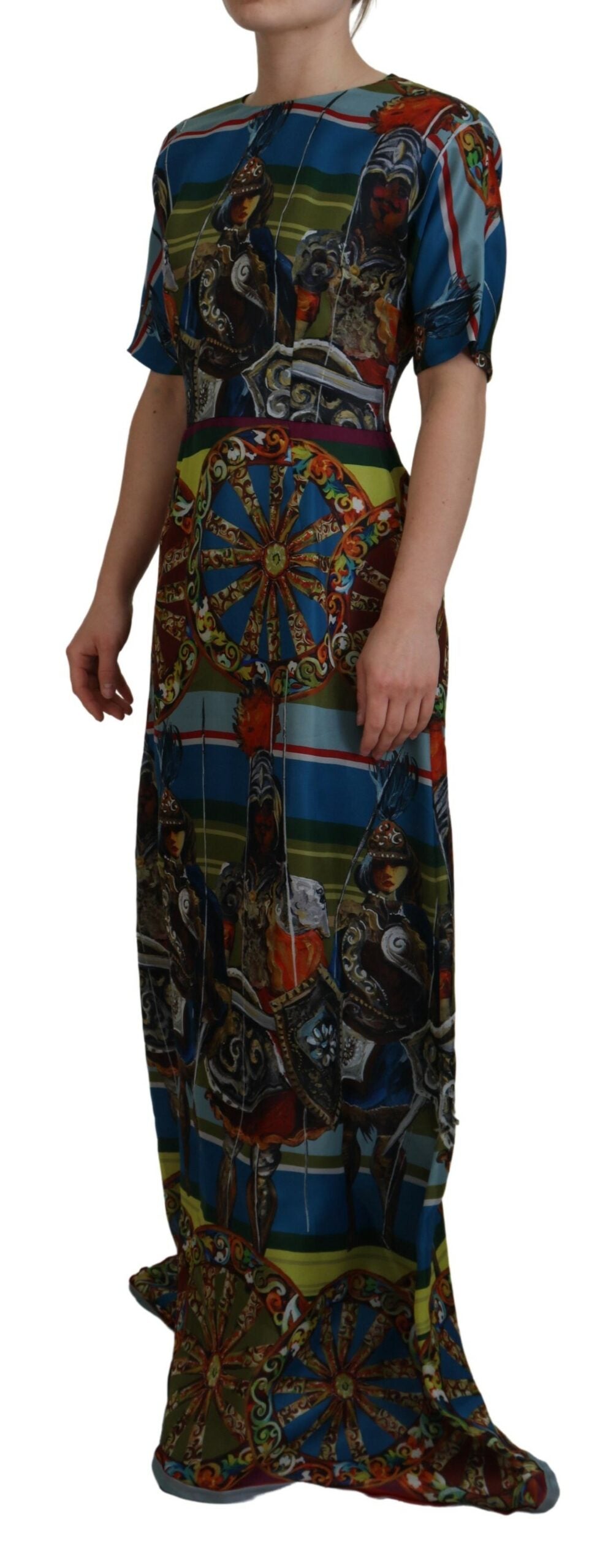 Mehrfarbiges langes A-Linien-Kleid aus Seide mit Sizilien-Motiv