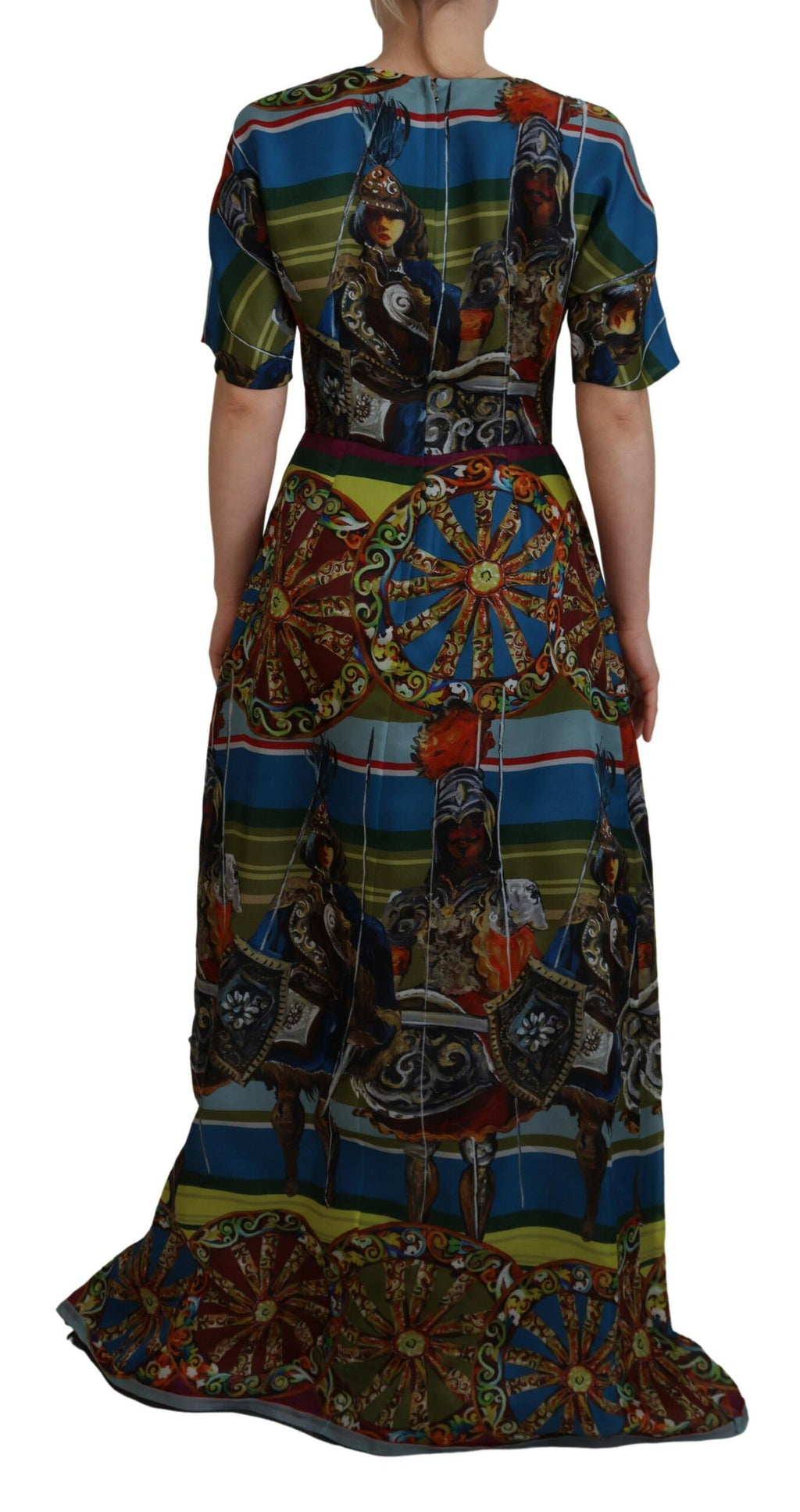 Mehrfarbiges langes A-Linien-Kleid aus Seide mit Sizilien-Motiv
