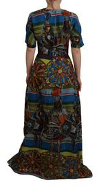 Mehrfarbiges langes A-Linien-Kleid aus Seide mit Sizilien-Motiv