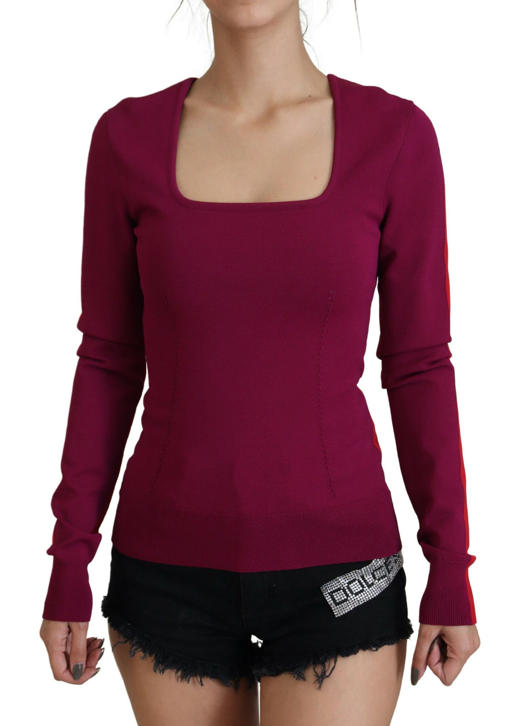 Mehrfarbiger Viskose-Pullover mit quadratischem Ausschnitt