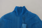 Blue Mesh Turtleneck Long Sleeve Blouse Top