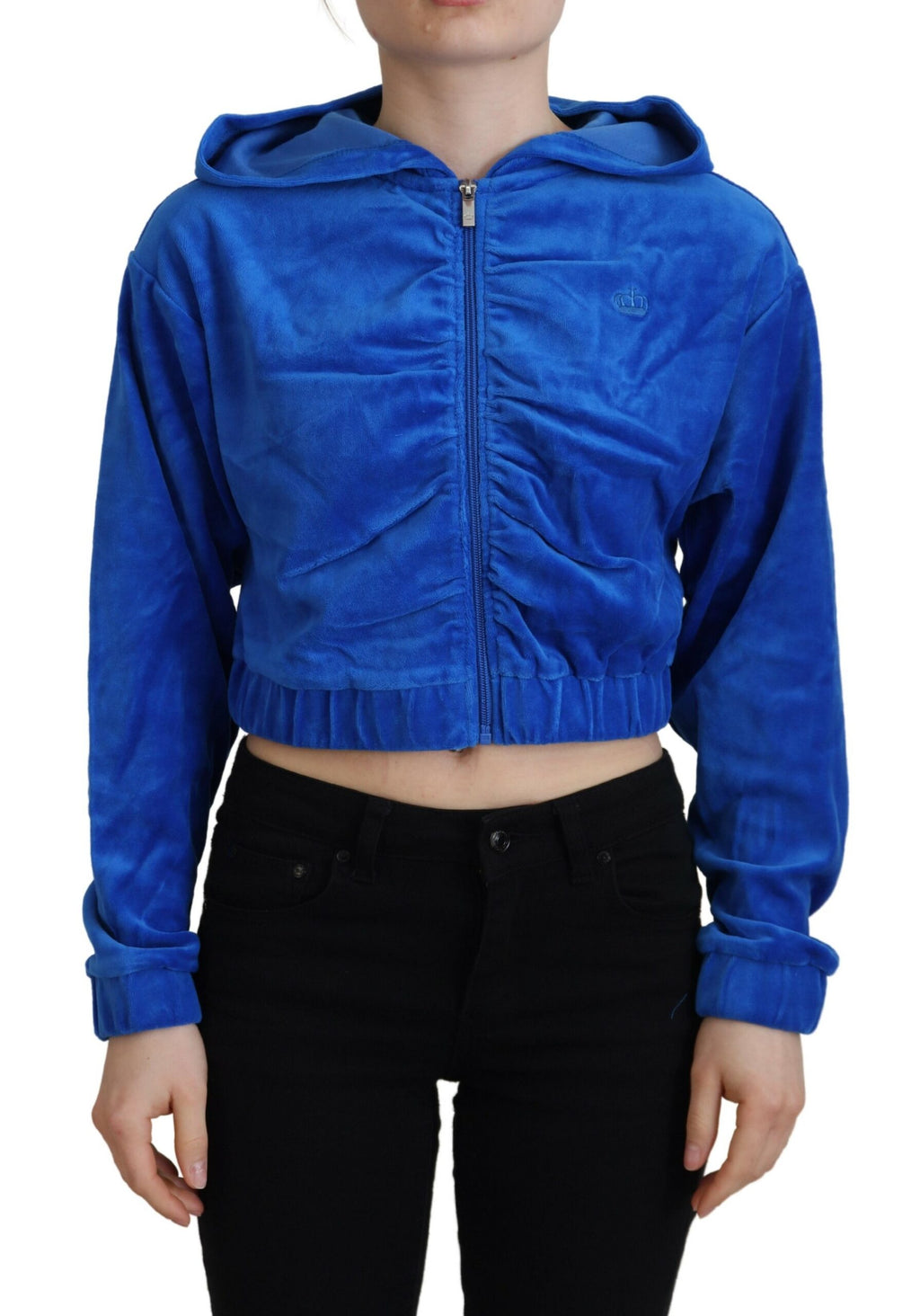 Blaue Cropped Kapuzenpullover-Jacke mit durchgehendem Reißverschluss aus Baumwolle