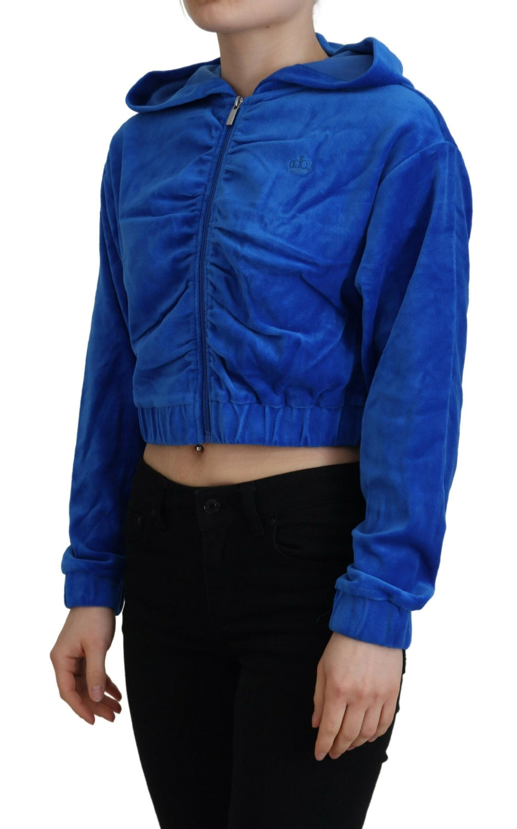 Blaue Cropped Kapuzenpullover-Jacke mit durchgehendem Reißverschluss aus Baumwolle