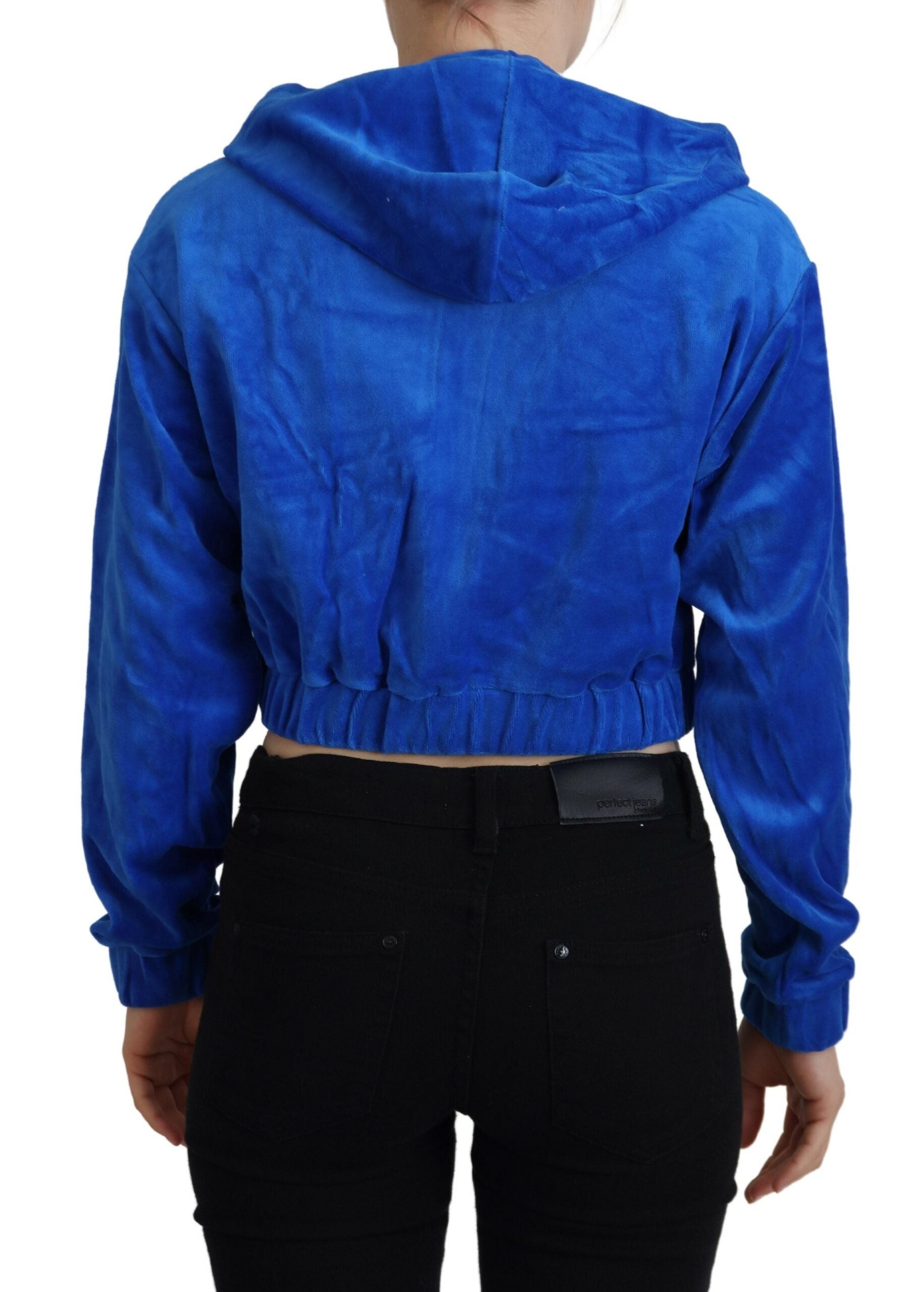 Blaue Cropped Kapuzenpullover-Jacke mit durchgehendem Reißverschluss aus Baumwolle