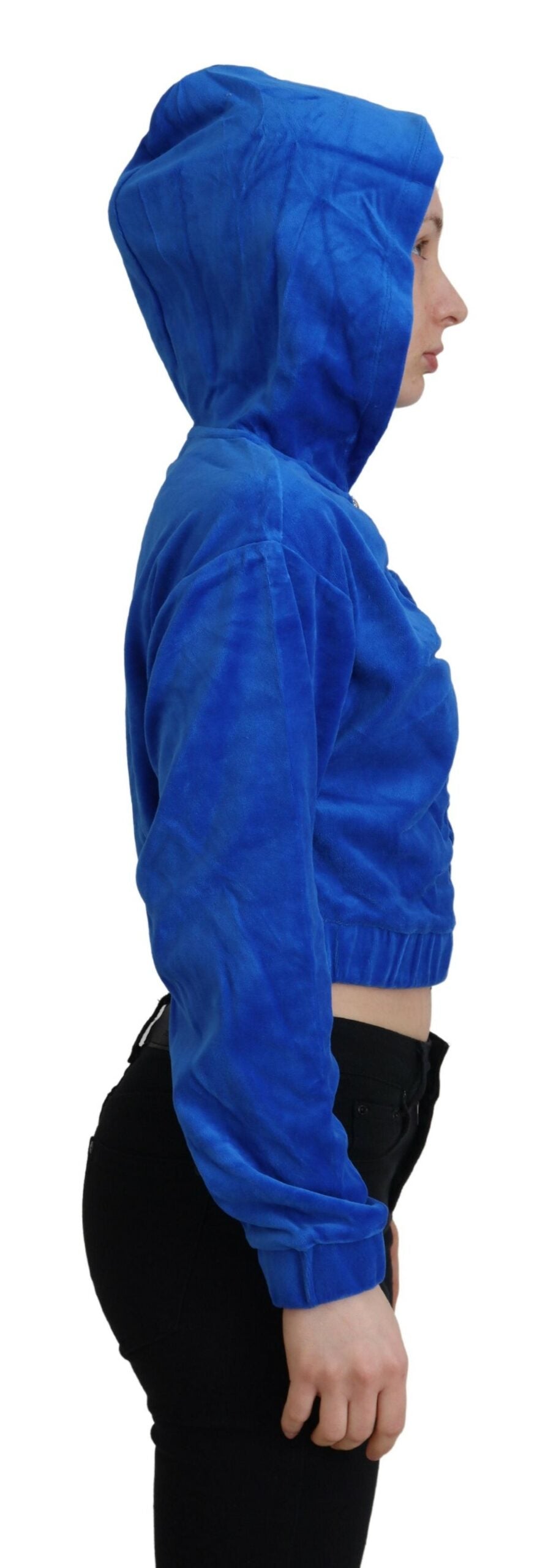 Blaue Cropped Kapuzenpullover-Jacke mit durchgehendem Reißverschluss aus Baumwolle