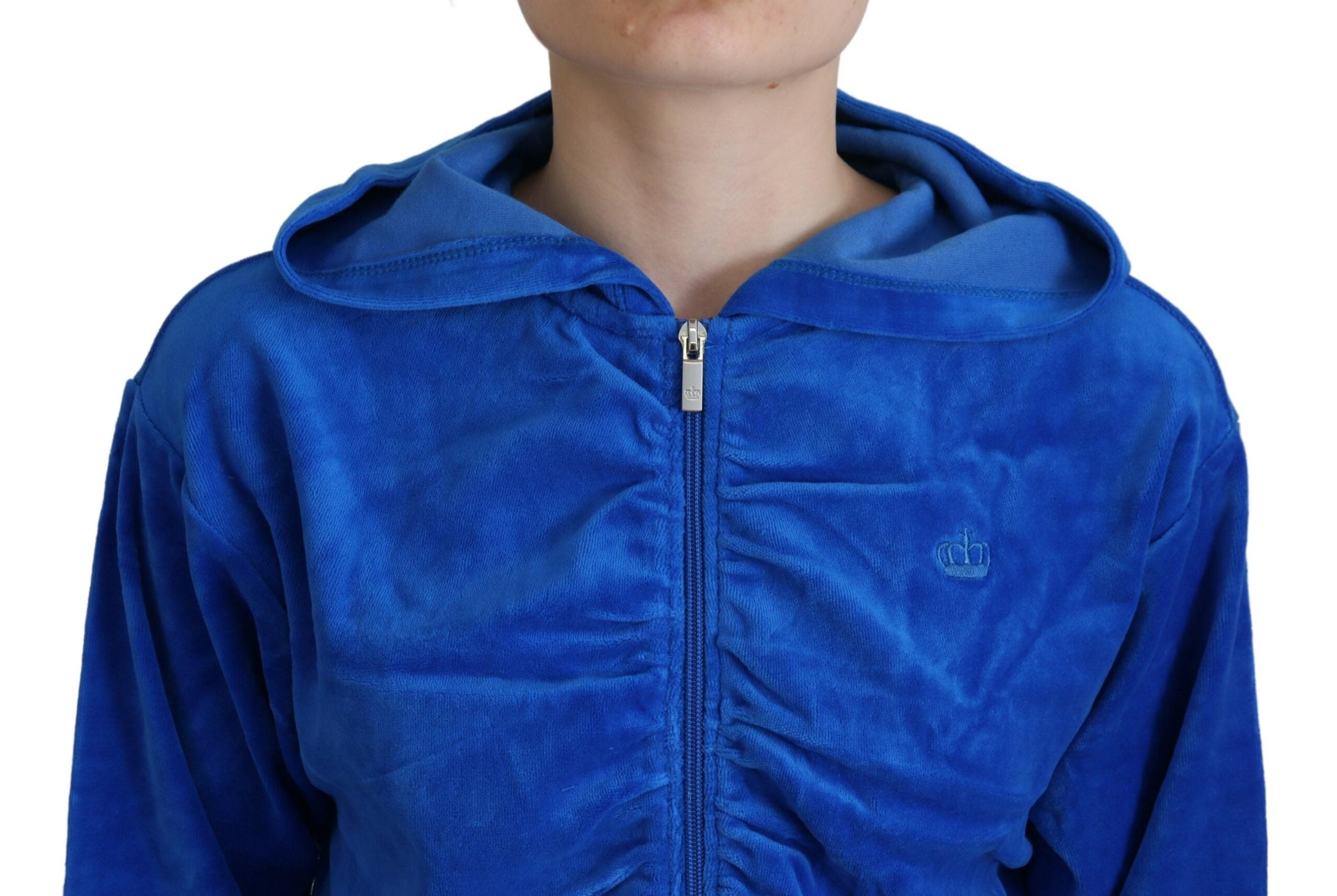 Blaue Cropped Kapuzenpullover-Jacke mit durchgehendem Reißverschluss aus Baumwolle